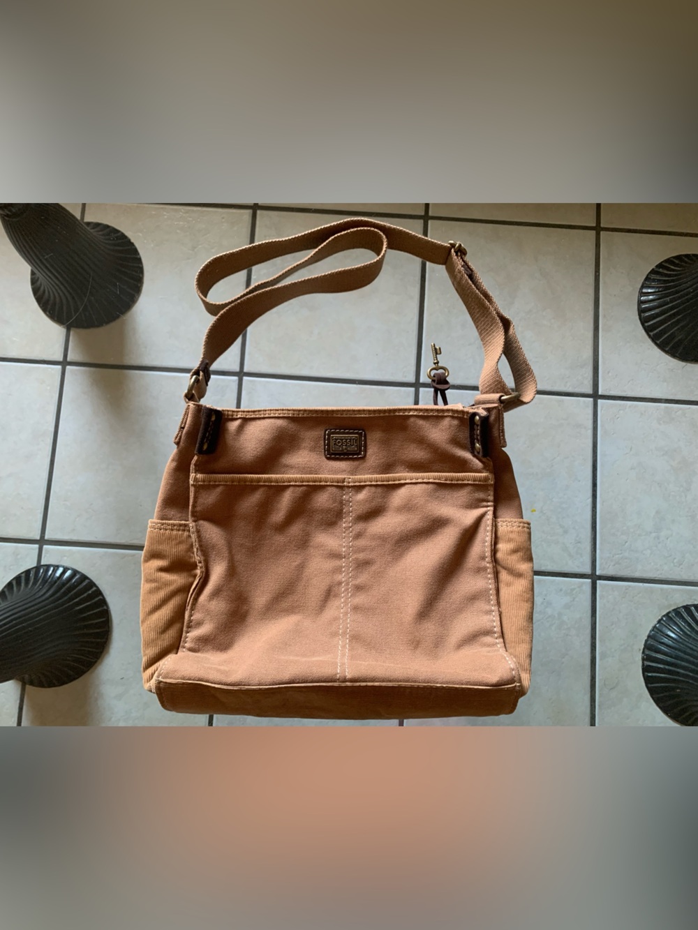 VTG Fossil Canvas Corduroy Tan Brown Khaki  Crossbody Shoulder Bag/Purse
